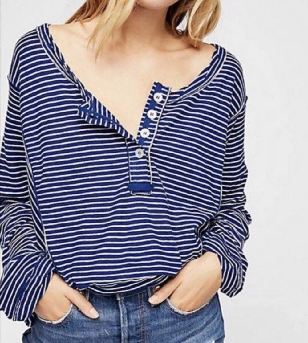 Free People Hong Kong Striped Long Sleeve Henley Tee Shirt Blue XS